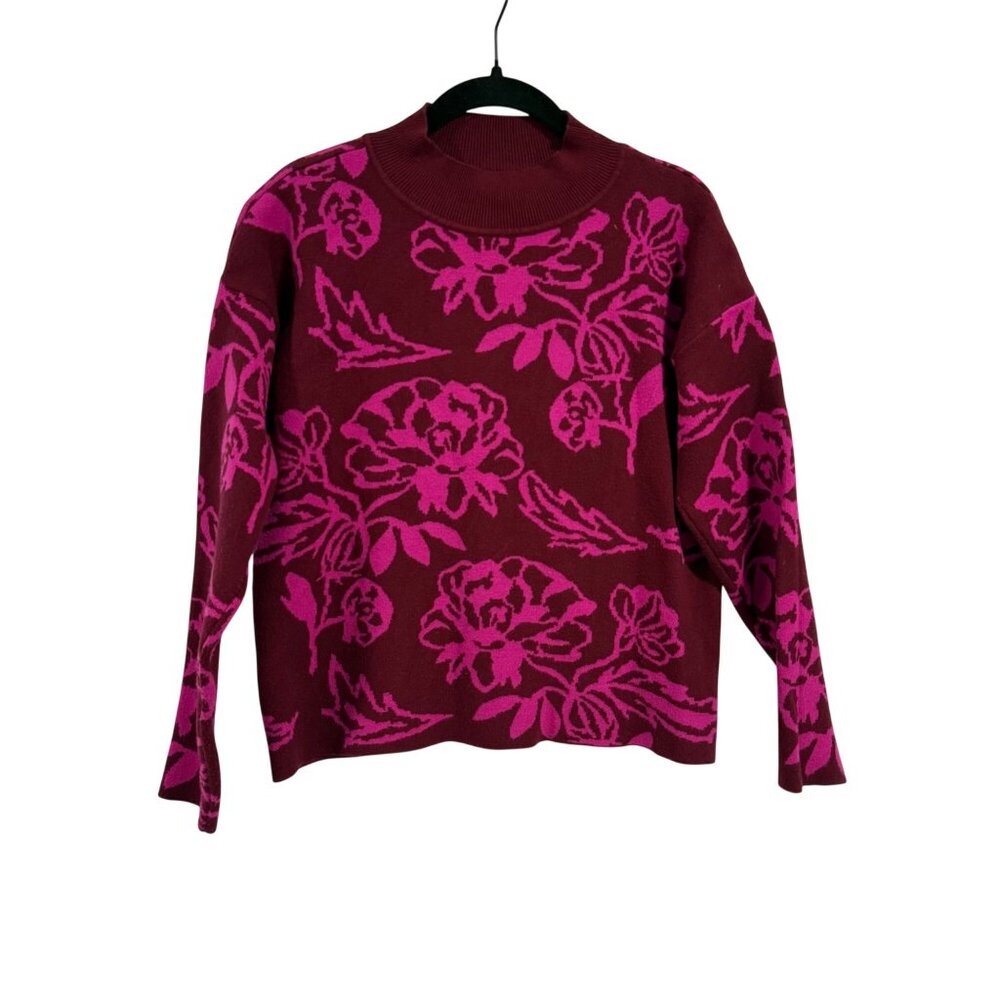 Cyrus Tight‎ Knit High Neck Maroon and Pink Floral Sweater Size S